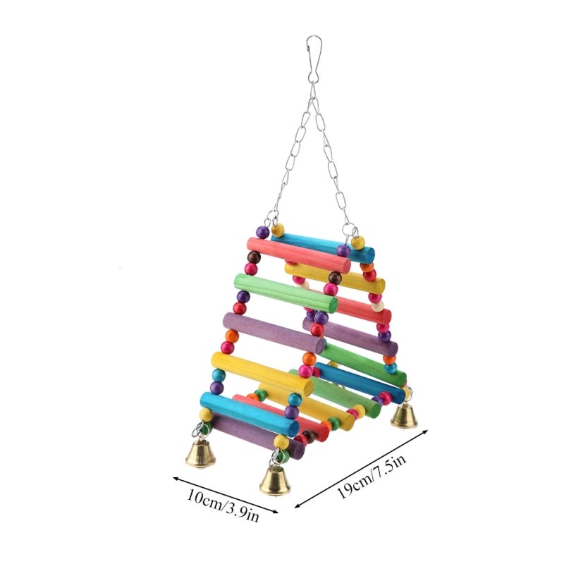 Bird Toy Set: Brightly Colored Wood Ladder Perch Stand Bridge Swing With Parrot Bells - Reduce Stress Stimulate Calling Easy Install for Caged Birds - Image 4