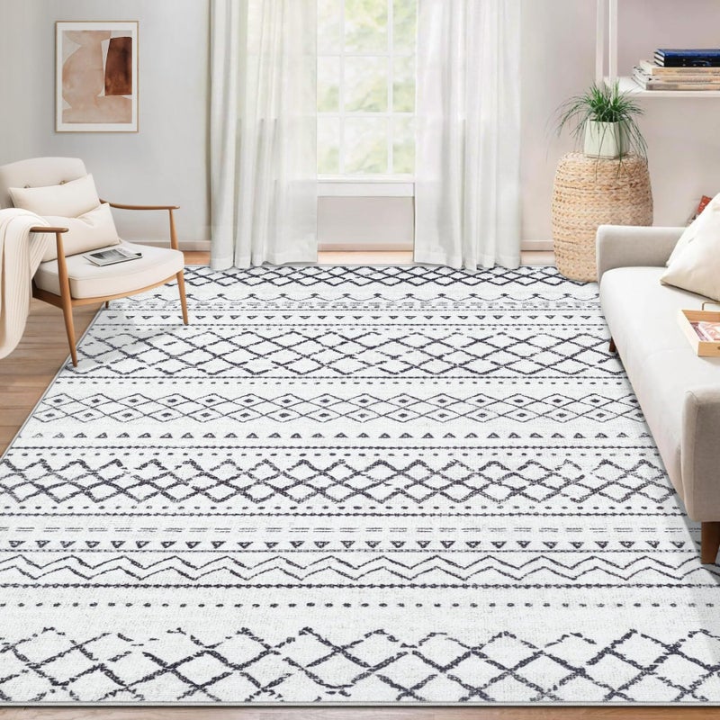 Aoyaomi Area Rug for Living Room 6x9: Large Washable Boho Moroccan Rugs Geometric Neutral Rug, Non-Slip Foldable Morden Farmhouse Indoor Floor Carpet for Bedroom Dining Table Home(Black,6'X9') - Image 1