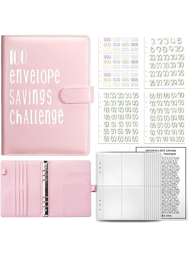 erorex - 100 Envelopes Challenge Binder Savings Challenges Book A5 Money Saving Challenge Book Budget Binder With Card Slot Stainless Steel Ring 25 Sheets Reusable Transparent Cash Envelopes Pink - Image 1