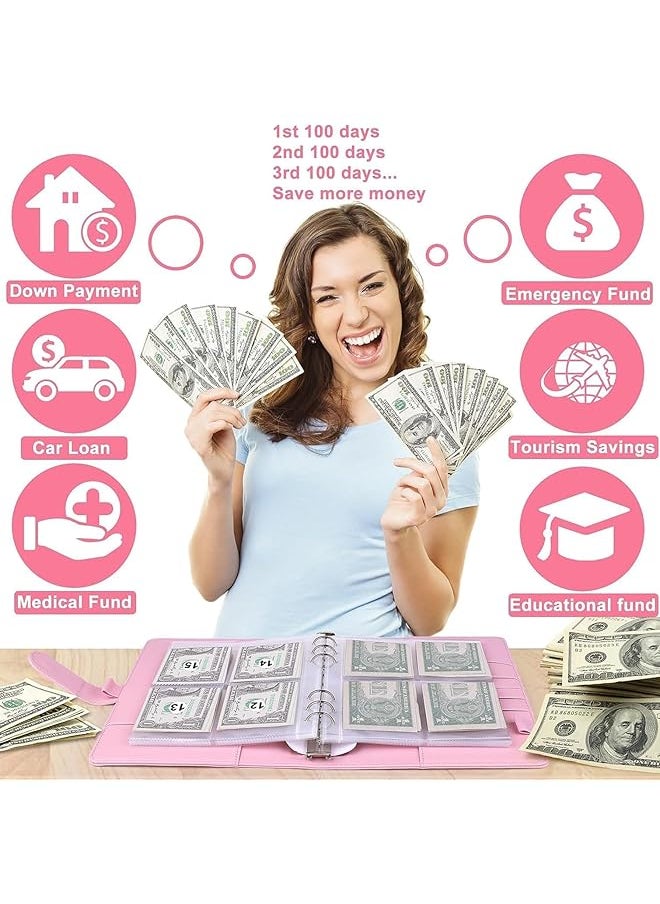erorex - 100 Envelopes Challenge Binder Savings Challenges Book A5 Money Saving Challenge Book Budget Binder With Card Slot Stainless Steel Ring 25 Sheets Reusable Transparent Cash Envelopes Pink - Image 1