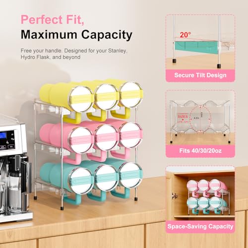 JYPS Reusable Stackable with Handle Compartment Water Bottle Tumbler Organizer for Stanley 40oz with Handle Cup, Stanley Accessories for Pantry, Cabinet & Kitchen Organization and Storage,3 Tier Hold 9 - Image 3