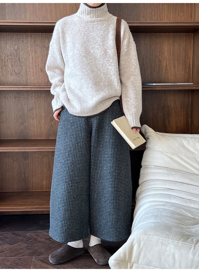 Luxi 80% Wool Eight-point Wide-leg Pants For Children Retro Plaid Woolen Nine-point Pants Thickened Western Pants Winter 1827