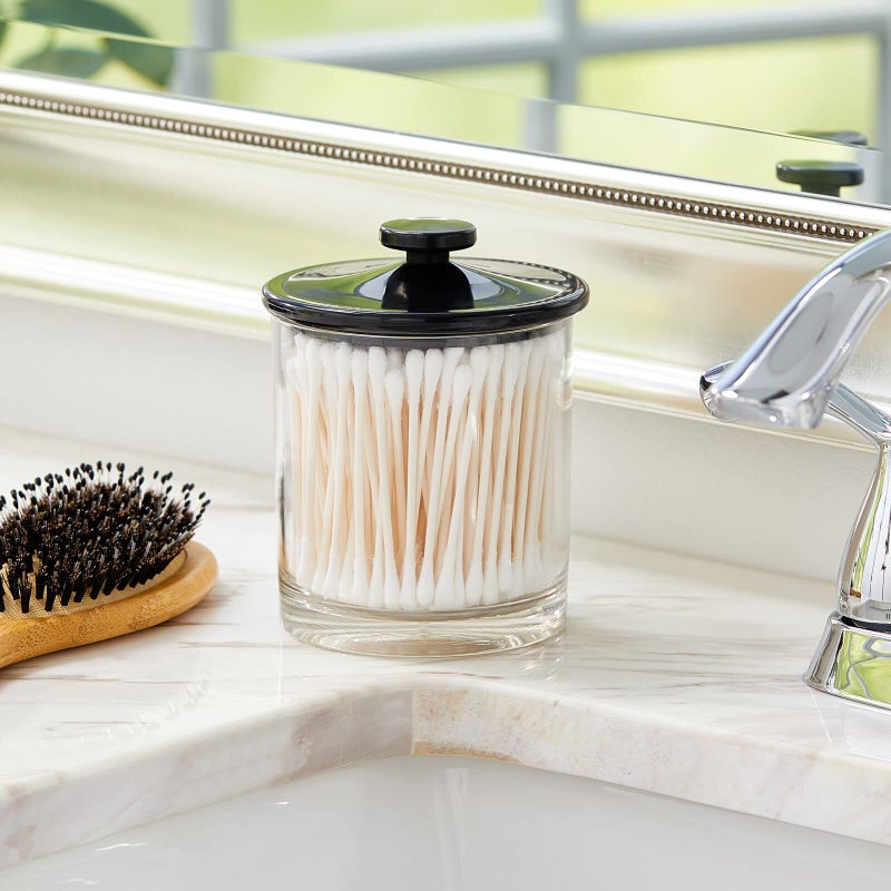 mDesign Small Modern Apothecary Storage Organizer Canister Jars - Acrylic Containers for Bathroom, Organization Holder for Vanity, Counter, Makeup Table, Lumiere Collection, 2 Pack, Clear/Black - Image 2