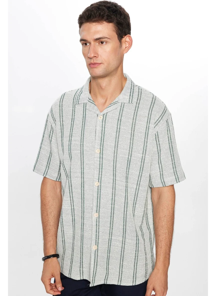 Tudors Relax Fit Casual Cut Striped Short Sleeve Open Collar Summer Men's White Shirt
