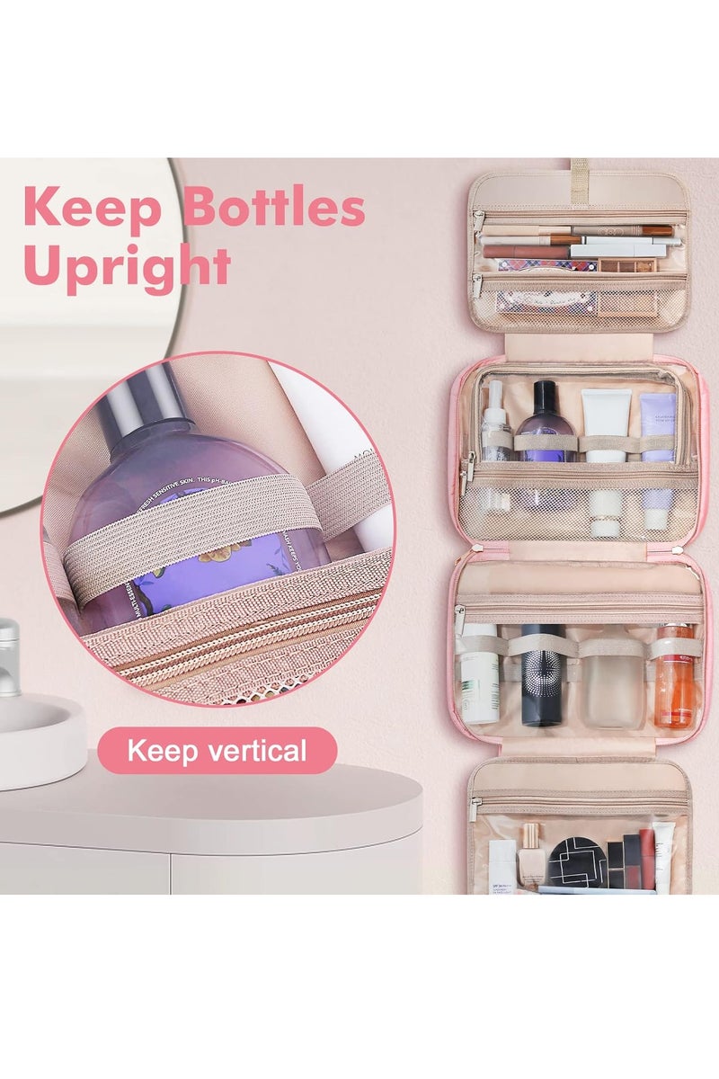 شنطة مكياج معلقة كبيرة للنساء، منظم مكياج سفر PVC مقاوم للماء بأقسام شفافة، تخزين أدوات تنظيف محمول للحمام والرحلات، لون زهري نيون - Image 4