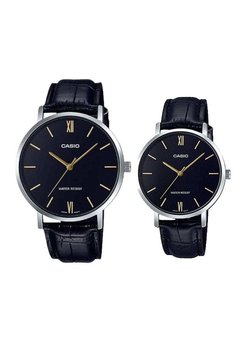 CASIO ساعة زوجين بحزام جلد مع قرص أسود من الكوارتز MTP/LTP-VT01L-1BUDF - Image 1