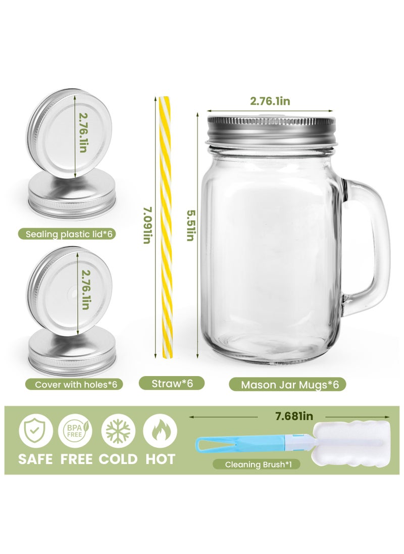 SKYLINK - 16oz Glass Mason Jar Set of 6 with Lids and Straws - Mason Jars with Handles for Cold Drinks - Glass Mason Jars with Metal Lids, Plastic Straws, and Straw Hole Covers - Image 1