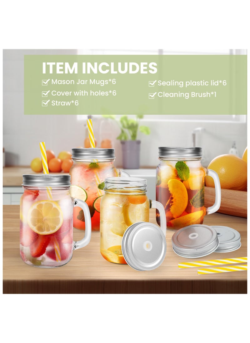 SKYLINK - 16oz Glass Mason Jar Set of 6 with Lids and Straws - Mason Jars with Handles for Cold Drinks - Glass Mason Jars with Metal Lids, Plastic Straws, and Straw Hole Covers - Image 1