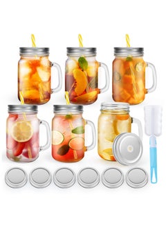 16oz Glass Mason Jar Set of 6 with Lids and Straws - Mason Jars with Handles for Cold Drinks - Glass Mason Jars with Metal Lids, Plastic Straws, and Straw Hole Covers
