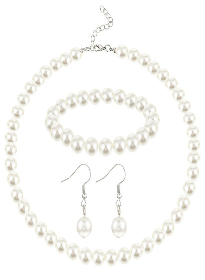 Yolev Pearl Necklace and Earring Set White Pearl Jewelry Set for Women Fashion Classic Faux Pearls Necklaces For Women Brides Wedding (8mm Necklace+10mm Earring Bracelet) - Image 1