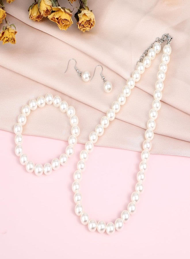 Yolev Pearl Necklace and Earring Set White Pearl Jewelry Set for Women Fashion Classic Faux Pearls Necklaces For Women Brides Wedding (8mm Necklace+10mm Earring Bracelet) - Image 4