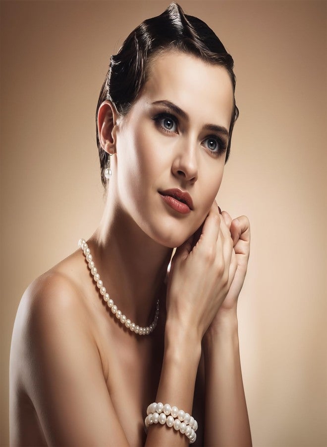 Yolev Pearl Necklace and Earring Set White Pearl Jewelry Set for Women Fashion Classic Faux Pearls Necklaces For Women Brides Wedding (8mm Necklace+10mm Earring Bracelet) - Image 3