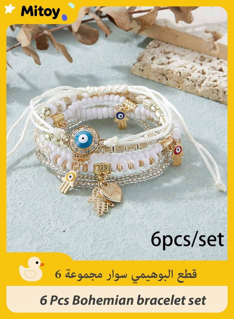 Mitoy 6 Pcs Bohemian bracelet set, Multilayer Bangle Beads Bracelet for Women and Girls (White) - Image 1