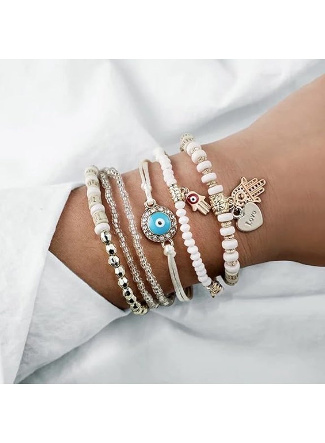 Mitoy 6 Pcs Bohemian bracelet set, Multilayer Bangle Beads Bracelet for Women and Girls (White) - Image 2