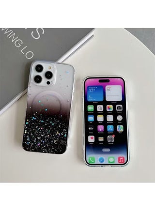 غطاء لامع مغناطيسي لهاتف iPhone 15 Pro Max [متوافق مع MagSafe] [لمسات ثلاثية الأبعاد من البريق] غطاء خلفي فاخر ولامع للنساء والفتيات مع ملحق سيليكون شفاف مقاوم للصدمات - view 3