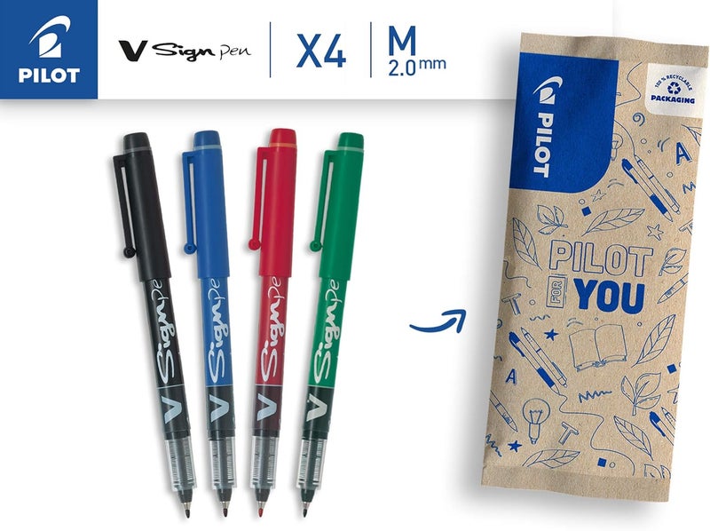 PILOT 2.0 mm V-Sign Pen Liquid Ink Tip - Black/Blue/Red/Green (Pack of 4) - Image 2