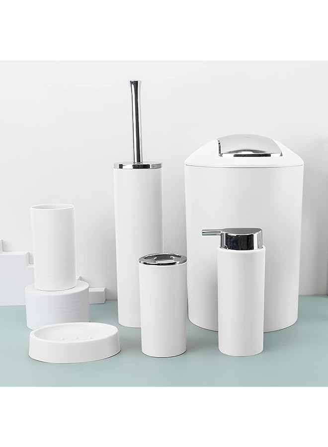 IAF Accessories Set, 6 Piece Bath Ensemble Includes, Toothbrush Holder, Toothbrush Cup, Soap Dispenser, Soap Dish, Toilet Brush Holder, Trash Can. (White) - Image 1
