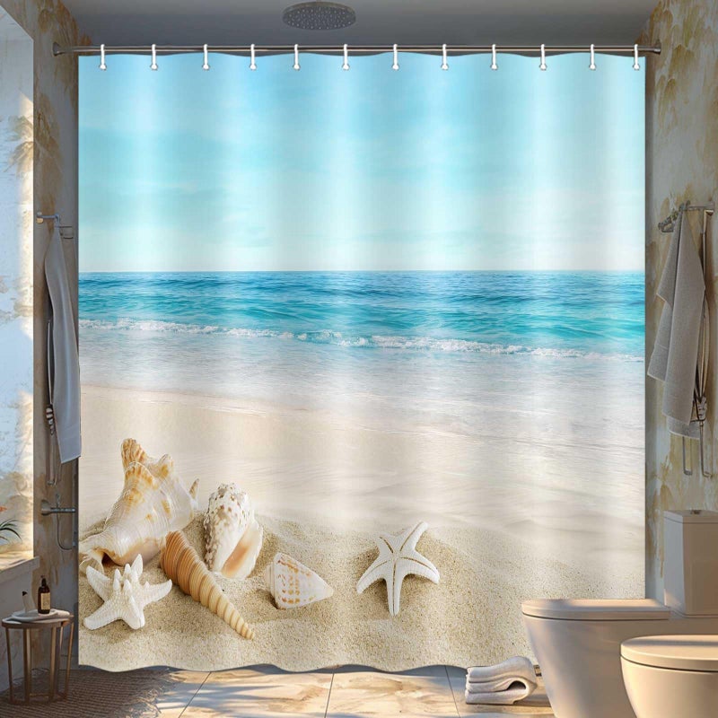 JAWO Starfish Beach Theme Shower Curtain Fabric Tropical Sea Waves Seashell Conch Hawaiian Seaside Scene Ocean View Cloth Shower Curtains No Smell with 12 Rustproof Grommet Holes 69x70 Inches