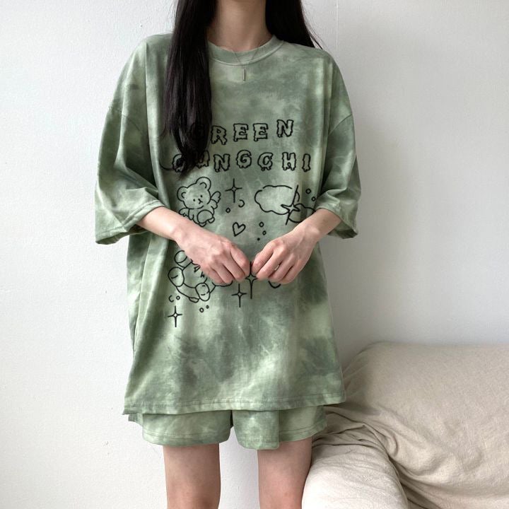 Foreign Trade Korean Suit Womens Summer 2024 New Loose Thin Short-sleeved T-shirt Fat Guy Two-piece clothing 370-A177 Khaki - Image 4