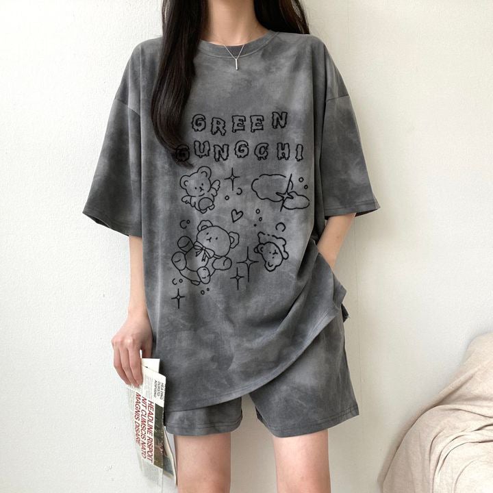 Foreign Trade Korean Suit Womens Summer 2024 New Loose Thin Short-sleeved T-shirt Fat Guy Two-piece clothing 370-A177 Khaki - Image 2