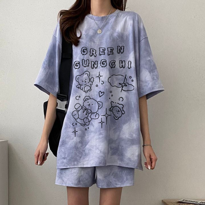 Foreign Trade Korean Suit Womens Summer 2024 New Loose Thin Short-sleeved T-shirt Fat Guy Two-piece clothing 370-A177 Khaki - Image 3
