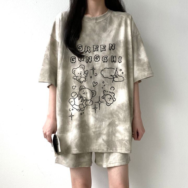 Foreign Trade Korean Suit Womens Summer 2024 New Loose Thin Short-sleeved T-shirt Fat Guy Two-piece clothing 370-A177 Khaki - Image 1