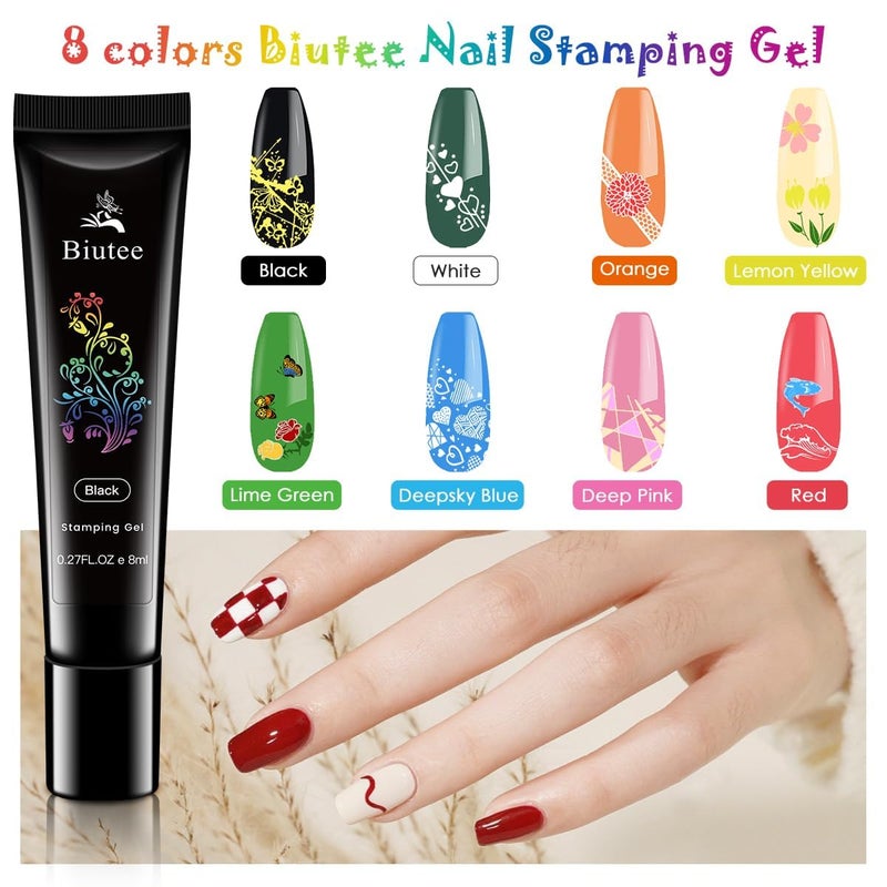 Biutee Nail Stamping Kit 15PCS Nail Art Stamp Plate 8 Colors Nail Stamping Polish Gels 1PCS Nail Stamper & Scraper Set with Storage Bag, Nail Stamp Template Kit Lace Flower Butterfly Star Star Design - Image 2