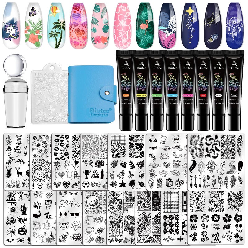 Biutee Nail Stamping Kit 15PCS Nail Art Stamp Plate 8 Colors Nail Stamping Polish Gels 1PCS Nail Stamper & Scraper Set with Storage Bag, Nail Stamp Template Kit Lace Flower Butterfly Star Star Design - Image 1