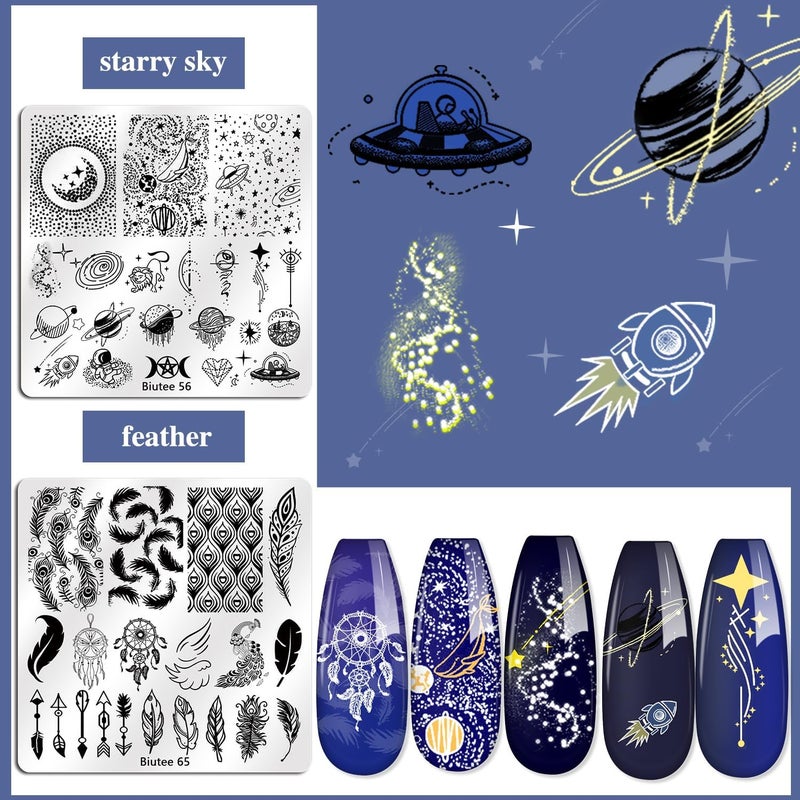 Biutee Nail Stamping Kit 15PCS Nail Art Stamp Plate 8 Colors Nail Stamping Polish Gels 1PCS Nail Stamper & Scraper Set with Storage Bag, Nail Stamp Template Kit Lace Flower Butterfly Star Star Design - Image 4