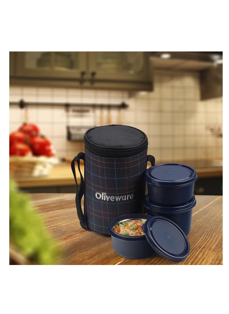 oliveware - Amber Lunch Box, Microwave Safe & Leak Proof, 3 Inside Steel Containers with BPA Free Lids (2 * 450ml & 600ml), Fabric Bag - Blue - Image 1