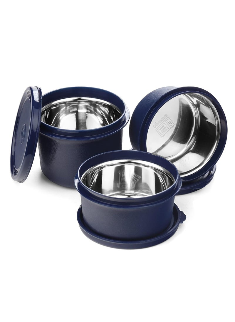 oliveware - Amber Lunch Box, Microwave Safe & Leak Proof, 3 Inside Steel Containers with BPA Free Lids (2 * 450ml & 600ml), Fabric Bag - Blue - Image 1