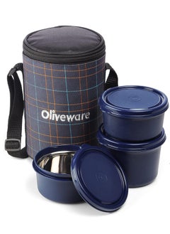 Amber Lunch Box, Microwave Safe & Leak Proof, 3 Inside Steel Containers with BPA Free Lids (2 * 450ml & 600ml), Fabric Bag - Blue