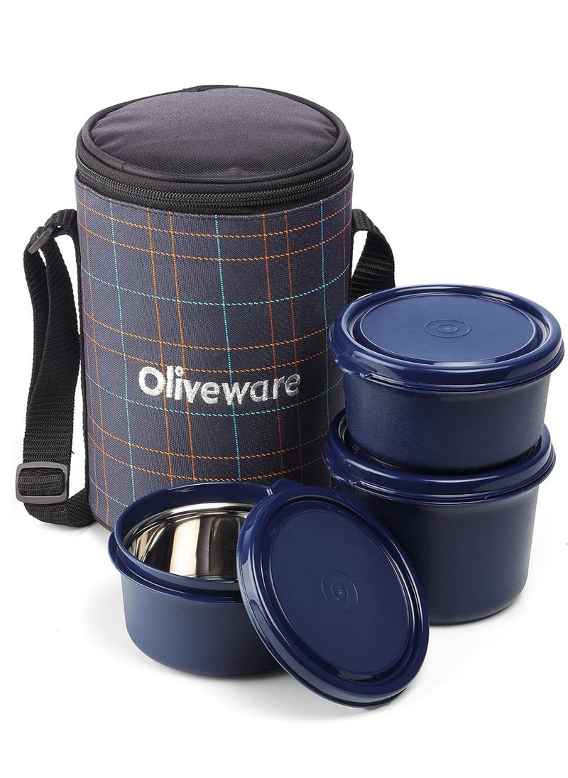 oliveware - Amber Lunch Box, Microwave Safe & Leak Proof, 3 Inside Steel Containers with BPA Free Lids (2 * 450ml & 600ml), Fabric Bag - Blue - Image 1