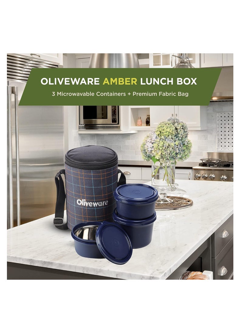 oliveware - Amber Lunch Box, Microwave Safe & Leak Proof, 3 Inside Steel Containers with BPA Free Lids (2 * 450ml & 600ml), Fabric Bag - Blue - Image 1