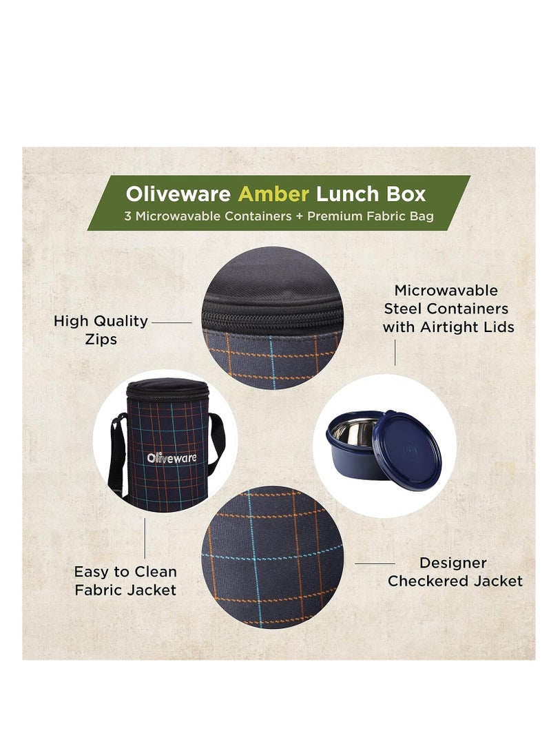 oliveware - Amber Lunch Box, Microwave Safe & Leak Proof, 3 Inside Steel Containers with BPA Free Lids (2 * 450ml & 600ml), Fabric Bag - Blue - Image 1