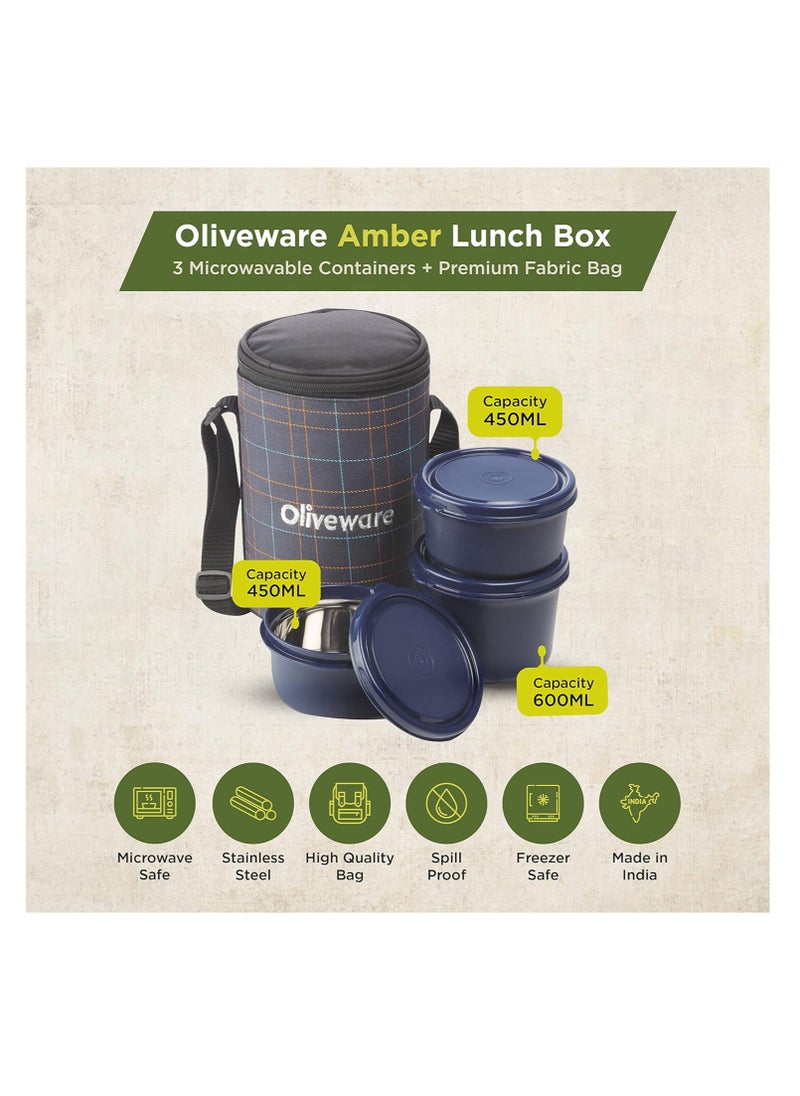 oliveware - Amber Lunch Box, Microwave Safe & Leak Proof, 3 Inside Steel Containers with BPA Free Lids (2 * 450ml & 600ml), Fabric Bag - Blue - Image 1