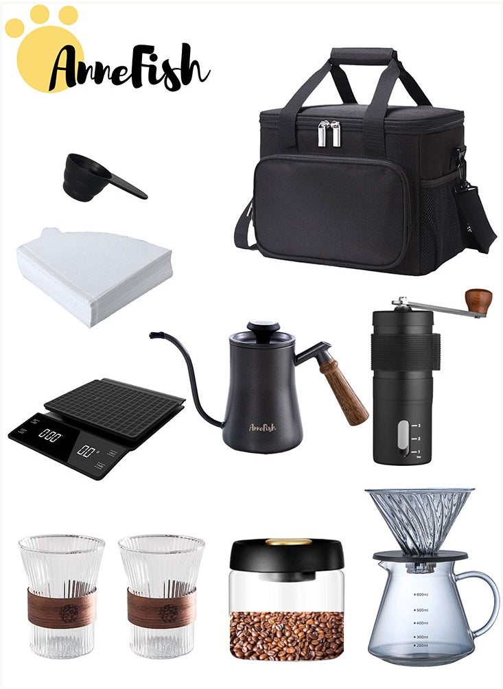 AnneFish - 11-Pieces V60 Pour Over Hand Drip Coffee Maker Set Professional V60 Kit  With Carrying Bag Coffee scale with Timer Drip Coffee Maker Set - Image 1