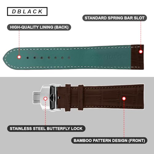 DBLACK ''WANY'' Leather Watch Strap with Butterfly Lock, Bamboo Design Pattern Watch Belt // Compatible with Tissot Couturier 1853 & Other Models, For 20mm, 22mm, or 24mm Watch Band (Choose Your Size & Color) (Brown, 22mm) - Image 5