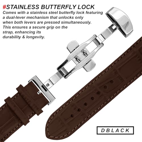 DBLACK ''WANY'' Leather Watch Strap with Butterfly Lock, Bamboo Design Pattern Watch Belt // Compatible with Tissot Couturier 1853 & Other Models, For 20mm, 22mm, or 24mm Watch Band (Choose Your Size & Color) (Brown, 22mm) - Image 3