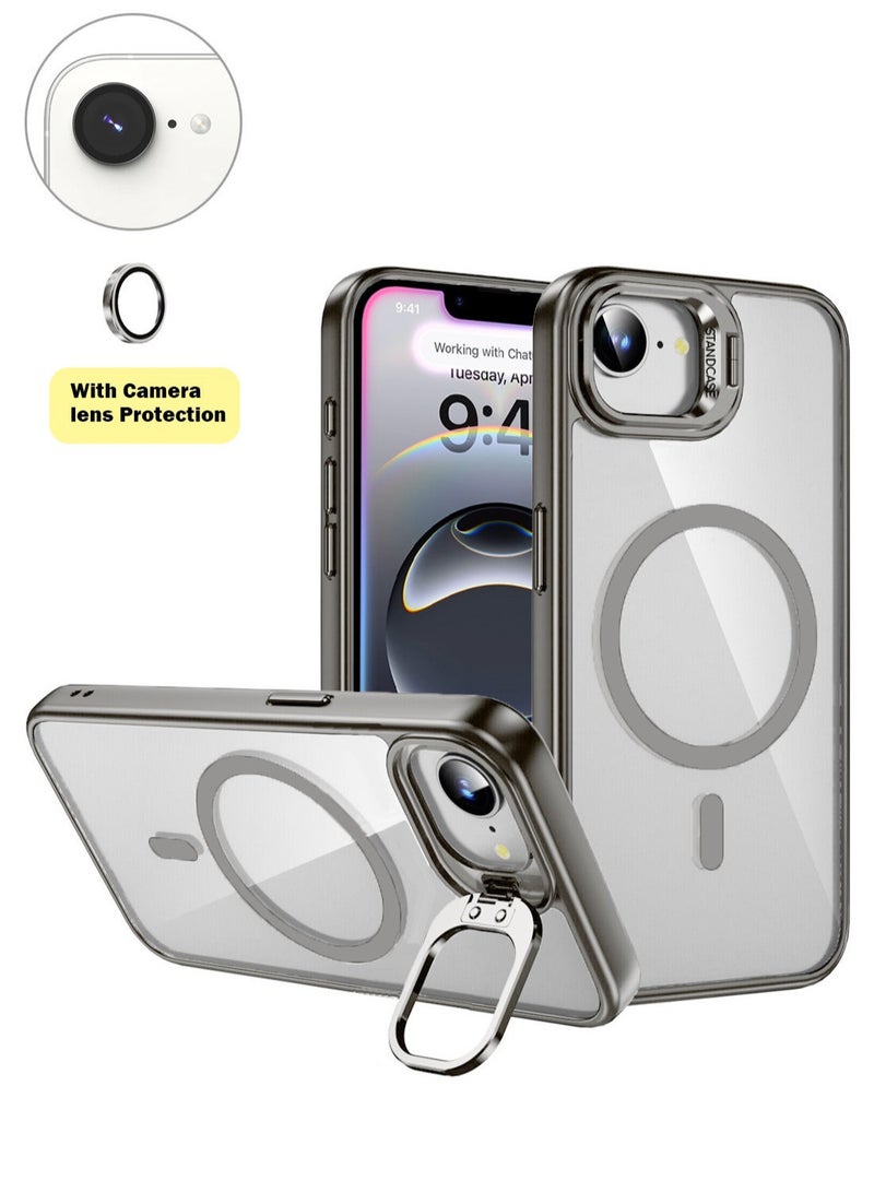 Wtech Apple iPhone 16e 5G 2025 Luxury Magsafe Transparent Kickstand Stand Case With Metal Ring Transparent Camera Protection Lens Phone Case Cover - Grey - Image 1
