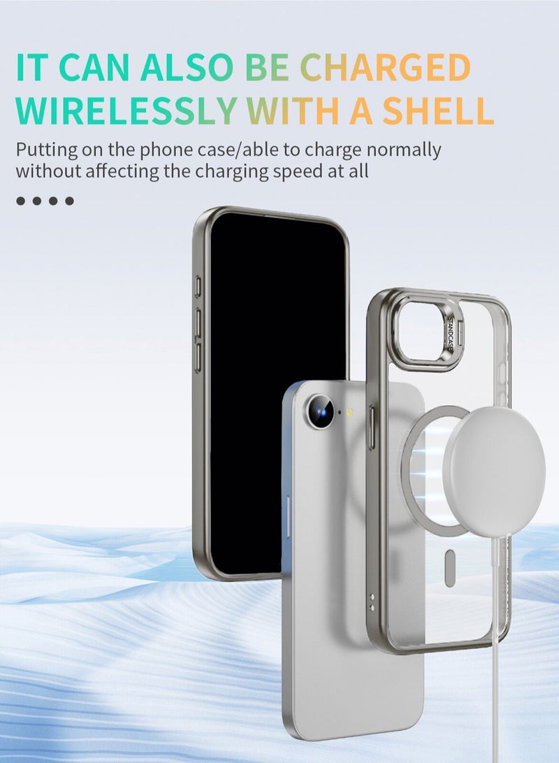 Wtech Apple iPhone 16e 5G 2025 Luxury Magsafe Transparent Kickstand Stand Case With Metal Ring Transparent Camera Protection Lens Phone Case Cover - Grey - Image 2
