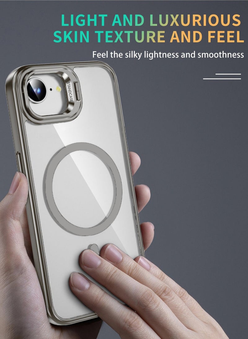 Wtech Apple iPhone 16e 5G 2025 Luxury Magsafe Transparent Kickstand Stand Case With Metal Ring Transparent Camera Protection Lens Phone Case Cover - Grey - Image 5