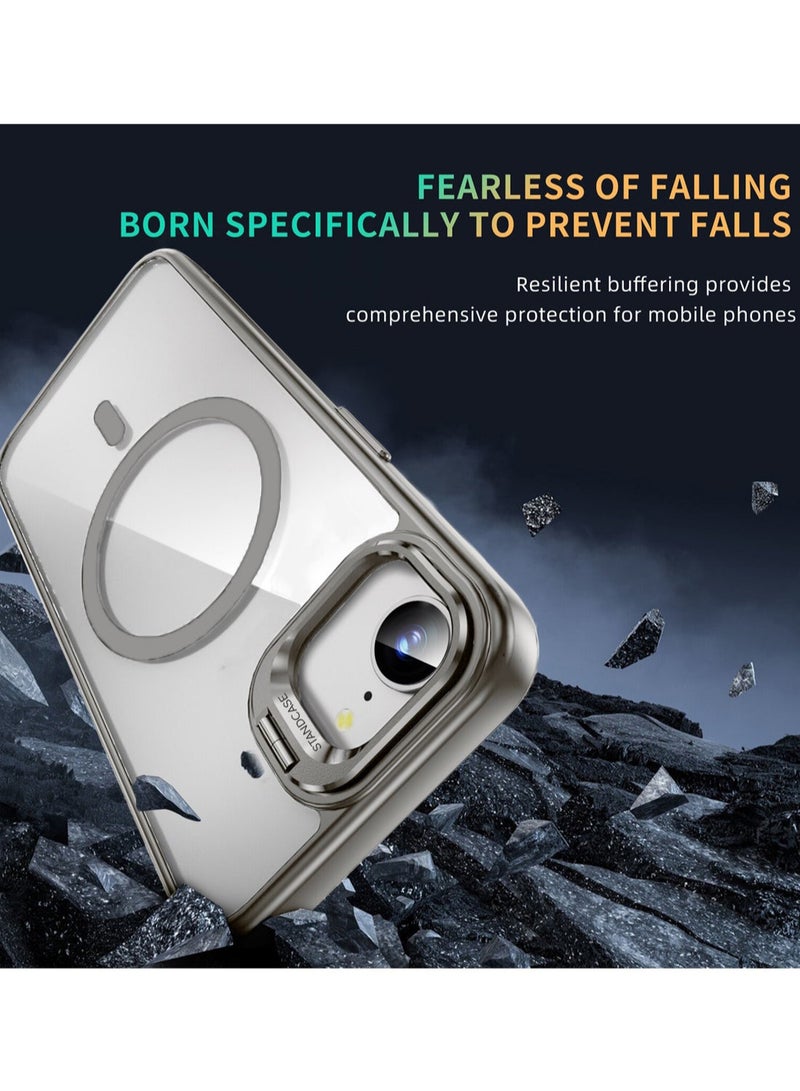 Wtech Apple iPhone 16e 5G 2025 Luxury Magsafe Transparent Kickstand Stand Case With Metal Ring Transparent Camera Protection Lens Phone Case Cover - Grey - Image 3