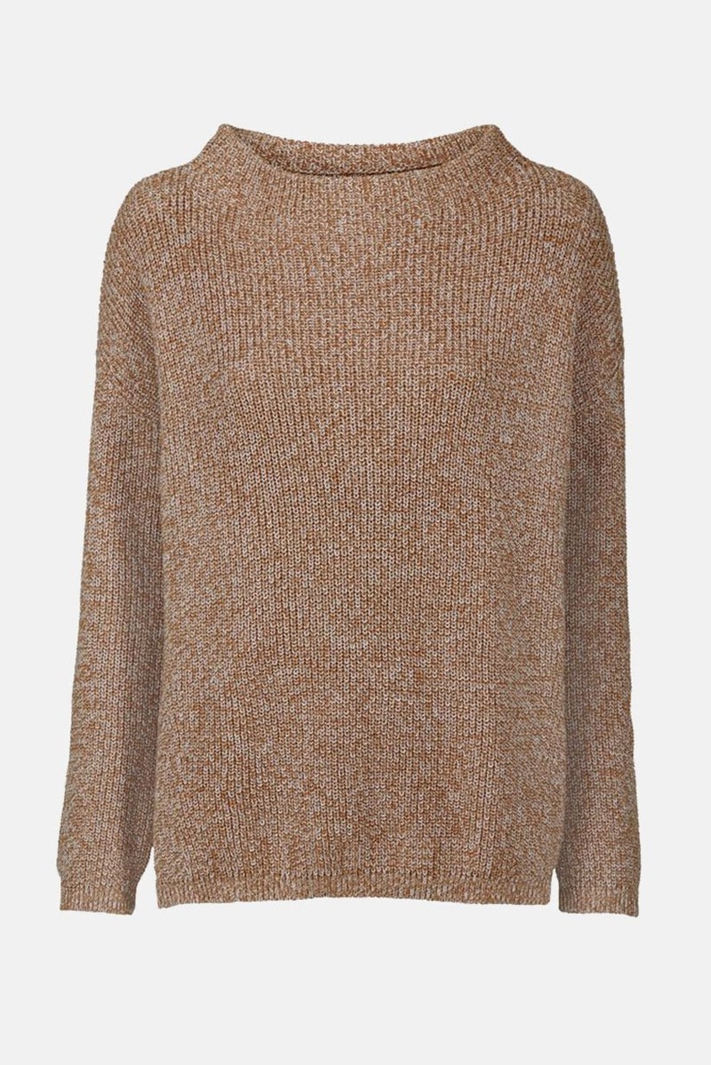 Tchibo Women Crew Neck Textured Knitted Sweater, Brown - Image 2