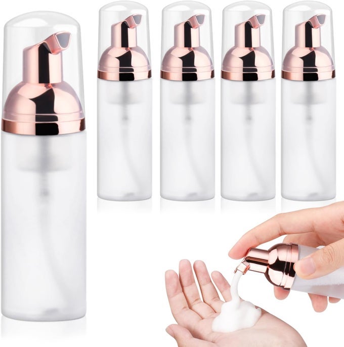 5PCS 50ML/1.7OZ CLEAR PLASTIC FROSTED FOAM BOTTLES WITH ROSE GOLD PUMP HEAD EMPTY MINI SOAP DISPENSER REFILLABLE MOUSSE BOTTLES FOR SHAMPOO SHOWER GEL HAND SOAP FOAMING