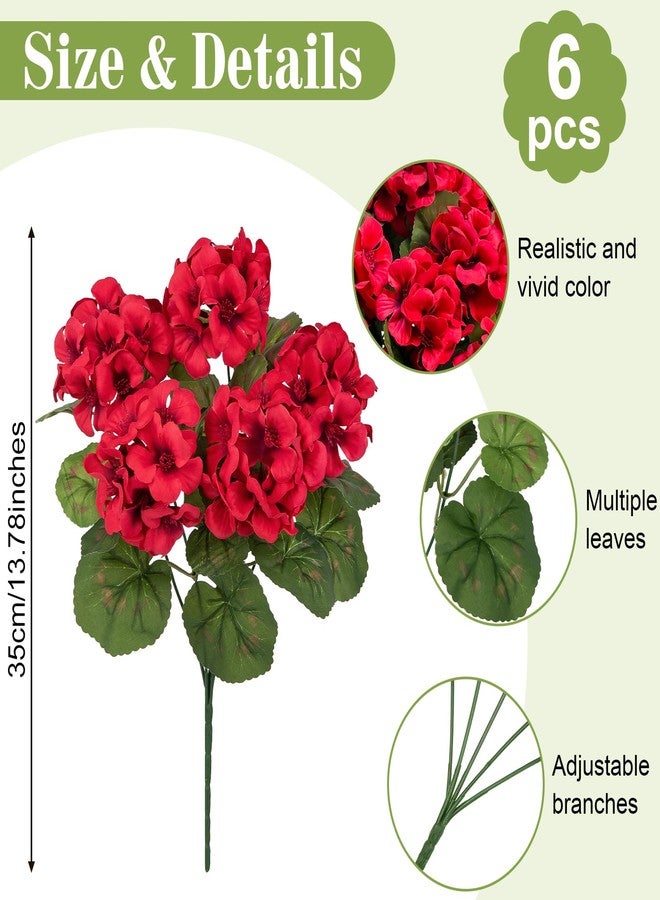 Roberly 6 Pcs Artificial Flowers for Outdoors, Red Fake Geranium Flowers UV Resistant Realistic Silk Faux Plants for Spring Summer Front Door Yard Window Box Indoor Home Decor - Image 2