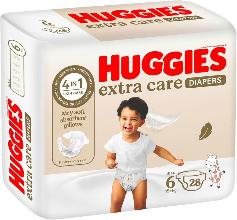 HUGGIES هجيز إكسترا كير، الحجم 6، 15+ كجم، عبوة قيمة، 28 حفاضة - Image 2