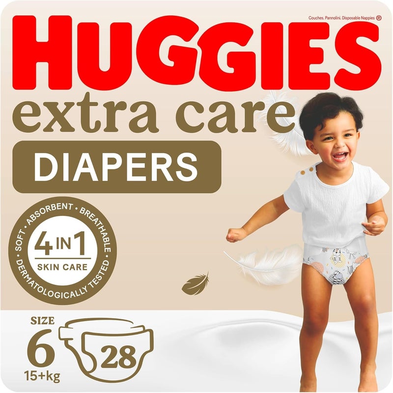 HUGGIES هجيز إكسترا كير، الحجم 6، 15+ كجم، عبوة قيمة، 28 حفاضة - Image 1