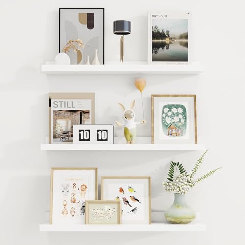 Streem Sheesham Wood Floating Shelves, Wall Shelves Set of 3, Picture Shelf Photo Ledge Shelves for Bathroom Kitchen and Bedroom,Livingroom & Office (23 inch, White) - Image 2