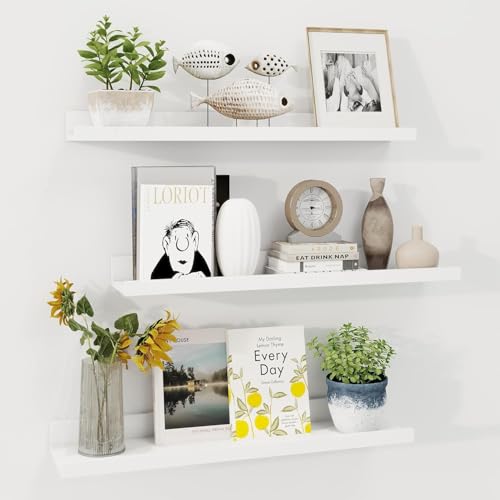 Streem Sheesham Wood Floating Shelves, Wall Shelves Set of 3, Picture Shelf Photo Ledge Shelves for Bathroom Kitchen and Bedroom,Livingroom & Office (23 inch, White) - Image 1